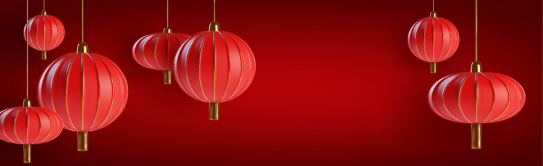 Chinese New Year or Asian festival red background with hanging paper lanterns with gold details. Realistic 3d vector oriental event greeting bg with frame made from traditional decorative elements.