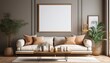 © Pastel - A modern living room featuring a neutral-colored sofa, decorative pillows, indoor plants, and an empty frame on the wall, creating an inviting atmosphere.