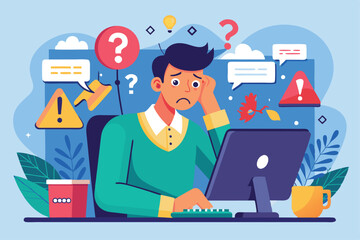 Poster - A man shows frustration while trying to resolve computer issues at his workspace filled with colorful graphics, Man seeking computer error solutions, flat illustration.
