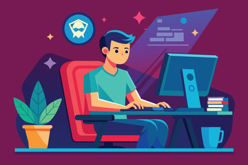 Poster - A man is focused on playing a game at his computer in a comfortable home office setting, Man sitting at computer playing game, flat illustration.