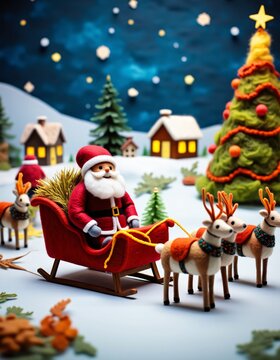 ภาพประกอบซานตร้าคIllustration of Santa Claus on a sleigh with reindeer on a snow-covered ground