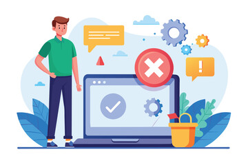 Poster - A person stands next to a laptop showing an error sign, surrounded by notifications and gears, Man standing next to laptop with error sign, flat illustration.