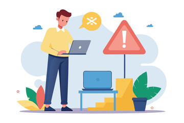 Poster - A man stands beside a laptop displaying an error sign while assessing the situation, Man standing next to laptop with error sign, flat illustration.
