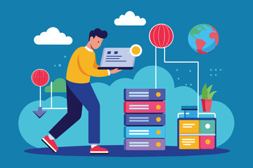 Poster - A man is actively uploading data to a cloud system while managing his file organization tasks, Man stores data in cloud, flat image.