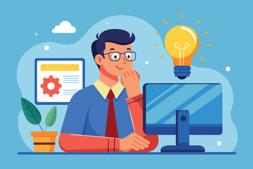 Poster - A man is deep in thought, staring at his computer while a light bulb hovers above him, symbolizing ideas, Man thinking with cartoon light bulb on computer screen