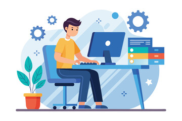 Poster - A young man focused on updating his computer while sitting at his desk surrounded by houseplants, Man updating computer in flat illustration.
