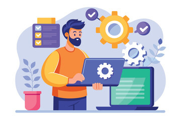 Poster - A man engages in software updates on his laptop while overseeing project tasks in a contemporary workspace, Man updating software on device, flat illustration.