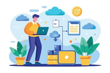 Poster - A man wearing a yellow sweater is uploading data to a drive while surrounded by greenery, Man uploading data to drive, flat illustration.