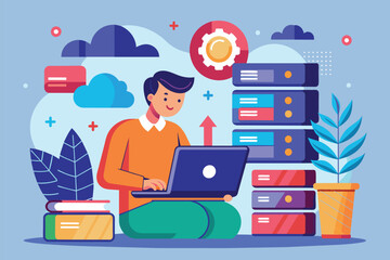 Poster - a man sits on the floor with a laptop, focused on uploading and downloading data amidst colorful sta