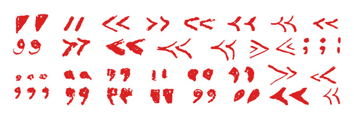 Poster - Set of quotation marks symbols. Red crayon handwritten text signs. Collection of icons for quoting statements, direct speech in speech bubble. Vector sketch or graffiti style of punctuation marks