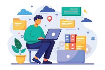 Poster - A man is focused on managing cloud data folders using his laptop in a contemporary workspace, Man using laptop to manage cloud data folder.