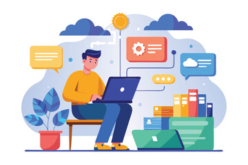 Poster - A man is sitting on a chair, using his laptop to manage and organize cloud data efficiently, Man using laptop to manage cloud data folder.