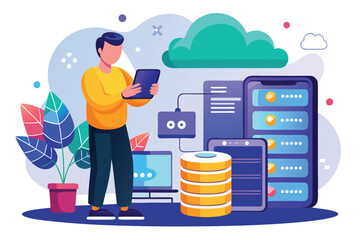 Poster - A man uses a mobile device to securely back up a database in a contemporary office environment Man using mobile phone to back up database with cloud, flat illustration