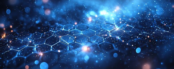 Poster - Futuristic digital network with blue and orange glowing hexagons