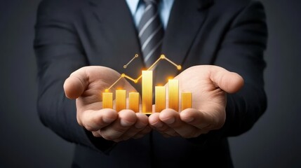 Wall Mural - Businessman holding a gold bar chart symbolizing investment growth and market trends