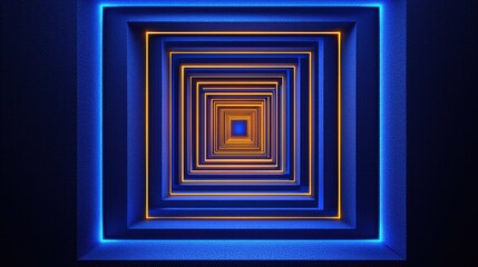Poster - Abstract Neon Tunnel Blue Orange Glowing Square Corridor