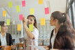 © SOMKID - Asian businesswoman teamwork planning with sticky notes and new ideas on a glass wall, Business people brainstorming strategy and new ideas concept, startup worker meeting,