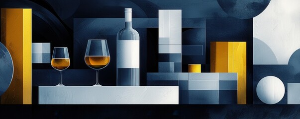 Poster - Abstract still life with bottle and glass on geometric backdrop
