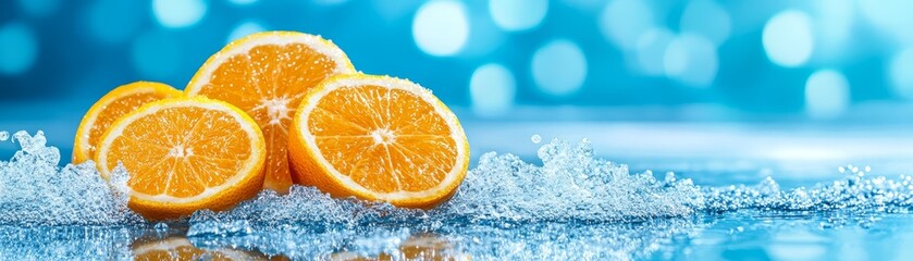 Wall Mural - Two fresh oranges on ice, refreshing still life of vibrant citrus fruit 