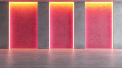 Poster - Vibrant Neon Lit Space with Clean Walls and Modern Design, Perfect for Creative Backgrounds or Displaying Art in Nighttime Settings