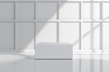 Poster - Minimalist High-Quality Product Box on a Bright Background with Soft Shadows in a Clean, Elegant Space Perfect for Display and Branding