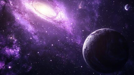 Vibrant purple abstract space with shining stardust, luminous nebula, realistic milky way galaxy, and distant planet in the background