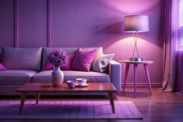 Wall Mural - Serene Minimalist Purple Living Room with a Stylish Pink Table Lamp - Long Exposure Photography for Modern Interior Design Inspiration