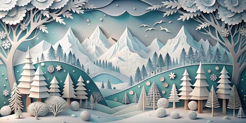 Sticker - Serene Paper Cut Art of Snow-Covered Mountains and Trees, Capturing the Tranquility of Winter Landscapes in a Unique and Creative Style for Home Decor and Nature Enthusiasts