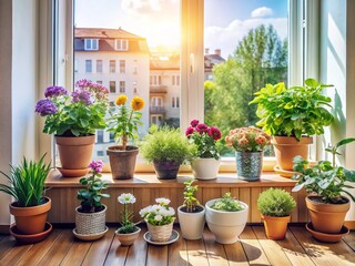 Wall Mural - Serene Scandinavian Interior Design: Balcony Windowsill with Lush Flower Plants Bathed in Natural Light for a Cozy and Inviting Atmosphere