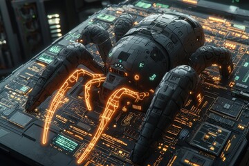 Poster - Cyberpunk Spider Robot on Futuristic Circuit Board