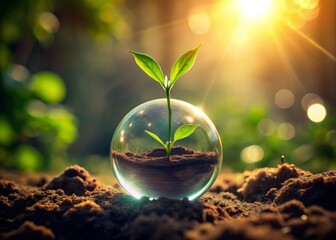 Sticker - Silhouette of a Green Sprout in a Transparent Glass Sphere on Ground with Blurred Background, Symbolizing Growth, Nature, and Sustainability in an Artistic Composition