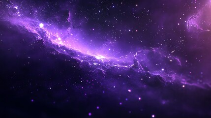 Vibrant purple abstract space with shining stardust, luminous nebula, realistic milky way galaxy, and distant planet in the background