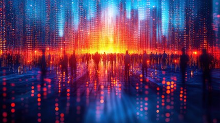 Poster - Digital Crowd Walking Towards Bright Future Metaverse Technology Network Data People Cityscape
