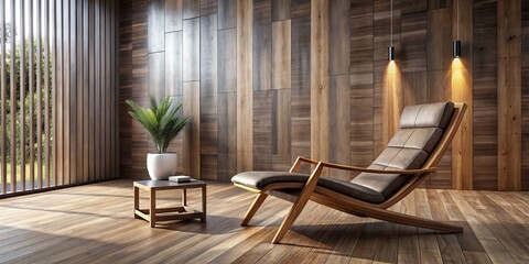 Wall Mural - Stylish Rustic Wooden Lounge Chair in Modern Minimalist Setting for Elegant Home Interior Design Inspiration