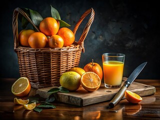 Wall Mural - Surreal Still Life: Orange Juice and Fresh Fruits with a Halved Orange on a Butcher Block, Set Against a Black Background, Perfect for Text Overlay and Creative Projects