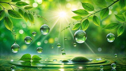 Canvas Print - Surreal Water Droplets on Lush Green Background Illustrating a Cosmetic Moisturizing Solution for Skin Care, Highlighting the Essence of Nature and Hydration in Beauty Products