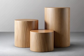 three wooden pedestal cylinders of varying heights for stylish product display or decorative use, is