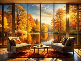 Poster - Tranquil Autumn Retreat: A Cozy Room Overlooking Vibrant Trees, a Serene Lake, and Gentle Sunlight Streaming Through the Window for Peaceful Relaxation and Nature Appreciation