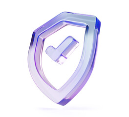 Poster - 3d glass holographic shield frame with tick sign isolated render icon. Crystal framework badge, safety symbol with light hologram gradient texture. Data privacy protection, antivirus. 3D illustration