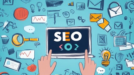 Poster - A pair of hands hover over a laptop displaying the word 'SEO' in a blue, orange, and white color scheme. 