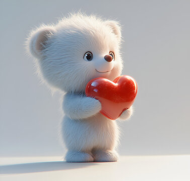 3D cute teddy bear holding a heart-shaped object, against a white background. The heart is red in color, and the teddy bear has white