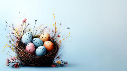 Wall Mural - Nest with colorful Easter eggs and delicate wildflowers, copy space