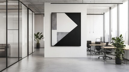 Poster - A modern office space with a large abstract painting on the wall. The painting is in black, white, and gray.