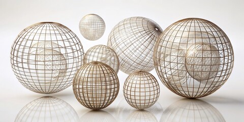 Poster - Abstract Wireframe Spheres - Drone Photography of Isolated Globe Designs in Various Slopes and Positions for Modern Digital Art and Graphic Design Projects