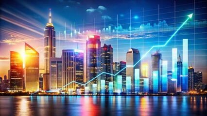 Poster - A Business Chart Overlaid with a City Skyline Reflection, Symbolizing Economic Growth and Urban Development, Perfect for Corporate Presentations and Financial Analysis