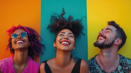 Wall Mural - Three friends laugh together against a bright, colorful wall. They are having a great time.