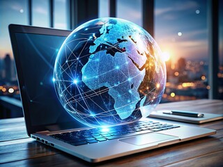 Poster - A Detailed Globe with Digital Circuit Patterns Above an Open Laptop Keyboard, Representing Global Connectivity and the Intersection of Technology and Communication