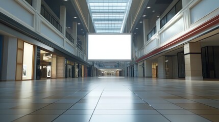 Poster - A large empty mall with a white sign hanging from the ceiling