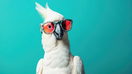 Wall Mural - A white cockatoo wearing red sunglasses against a turquoise background.