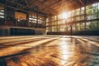 © LAYHONG - A spacious indoor basketball court illuminated by warm sunlight streaming through large windows, casting long shadows across the wooden floor..